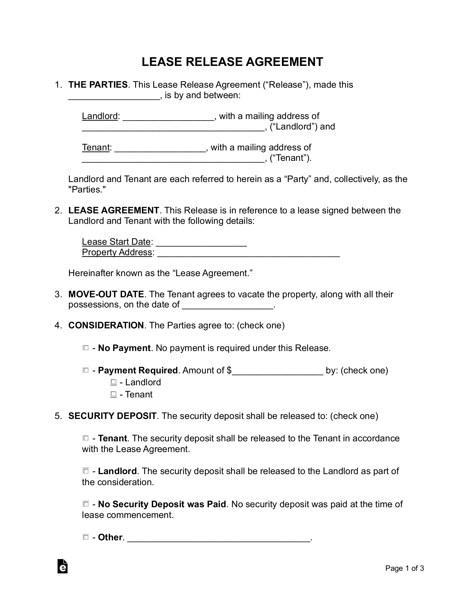 Free Lease Agreement RELEASE Form | Sample - PDF | Word – eForms