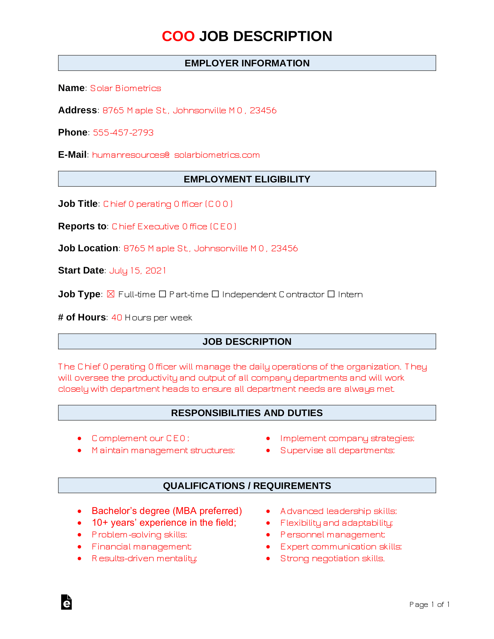 Free Chief Operating Officer (COO) Job Description Template | Sample - Word  | PDF – eForms