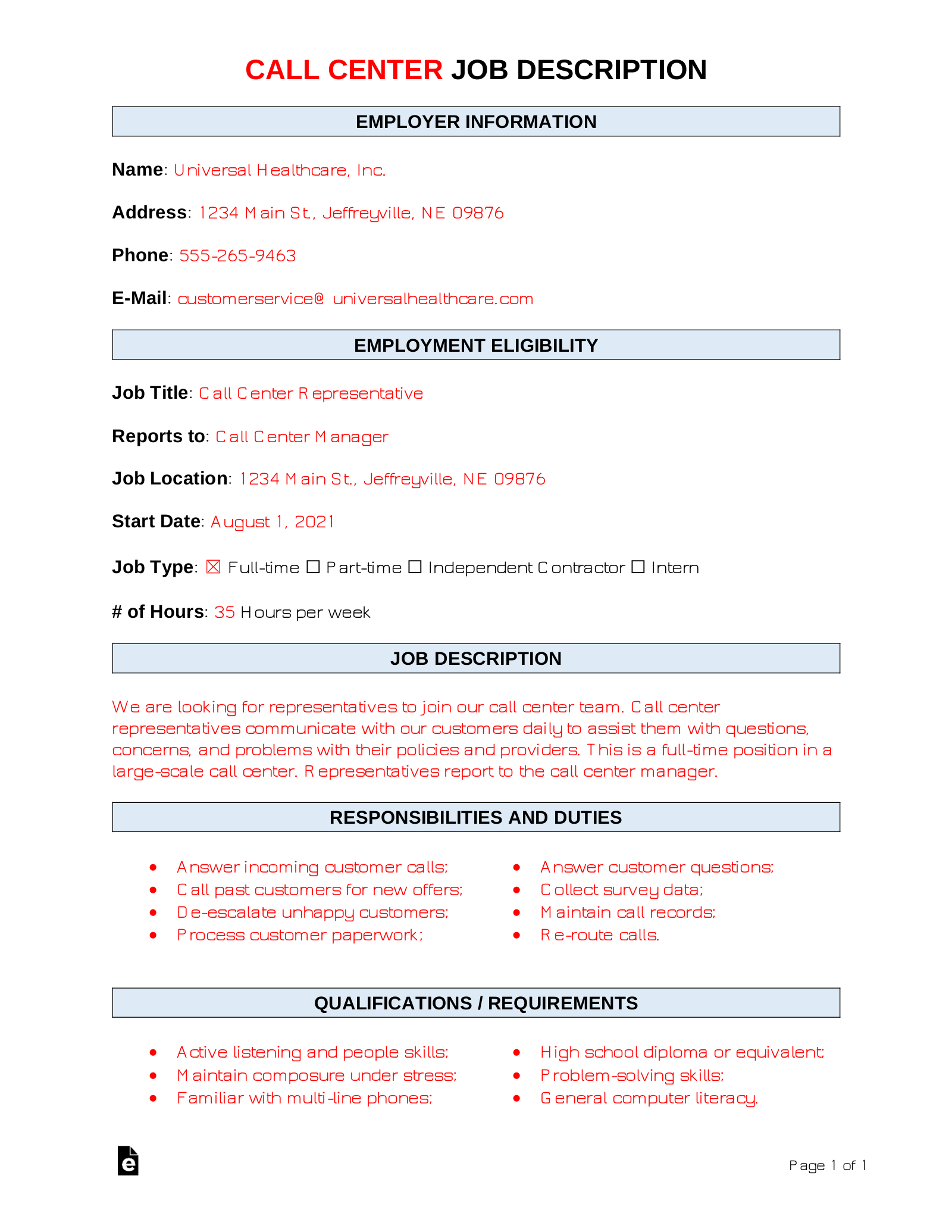 Free call center job description template