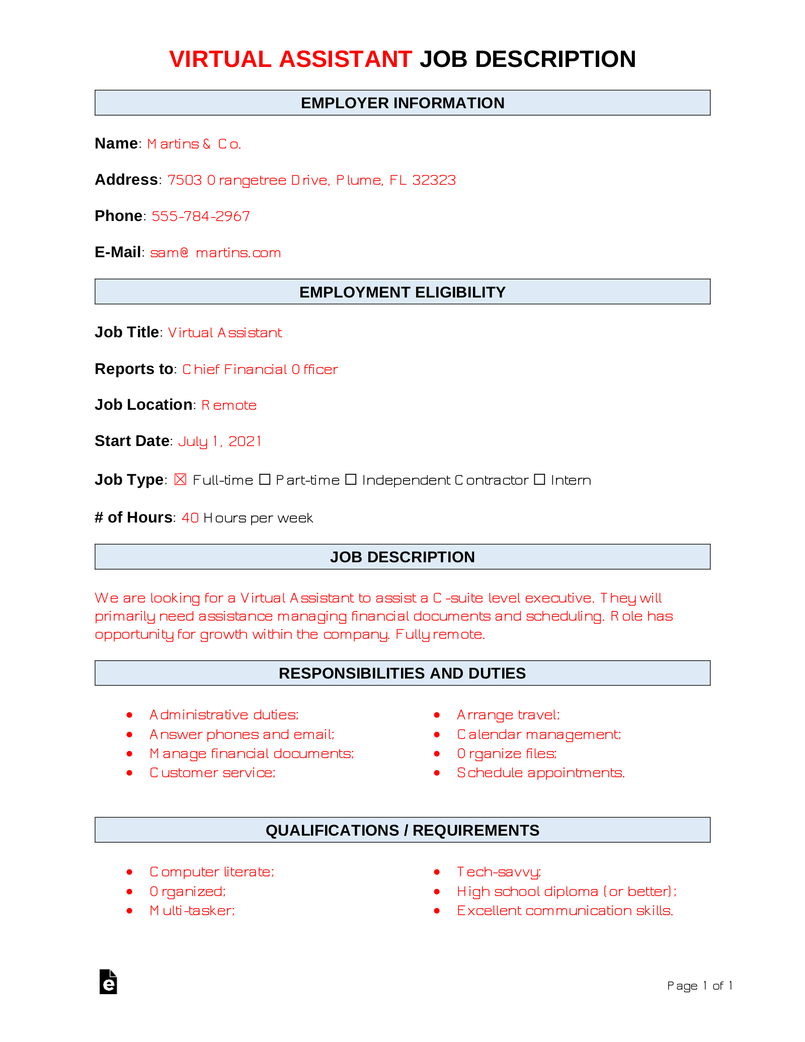 Free Virtual Assistant Job Description Template | Sample - Word | PDF –  eForms