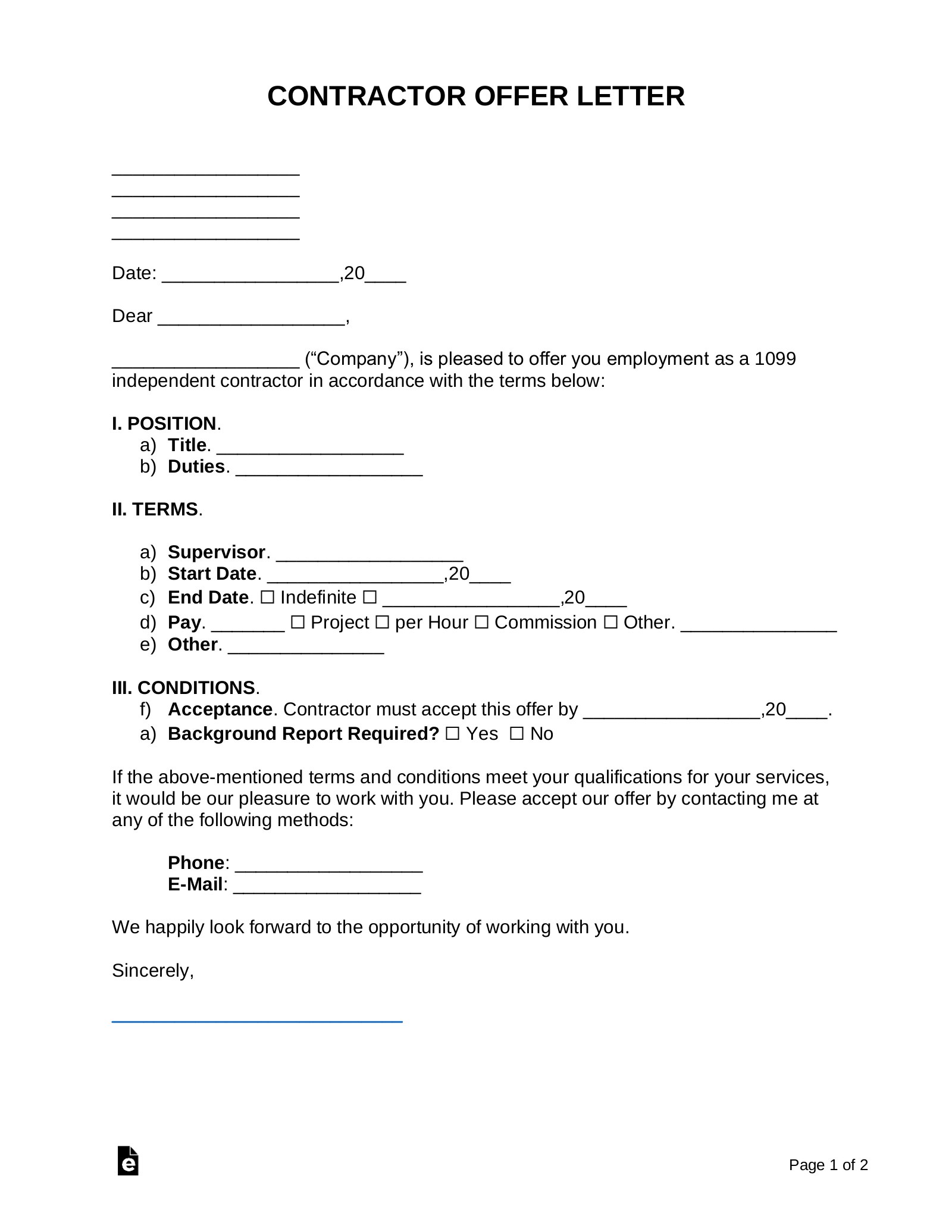 Free Independent Contractor (1099) Offer Letter Template | Sample - Word |  PDF – eForms