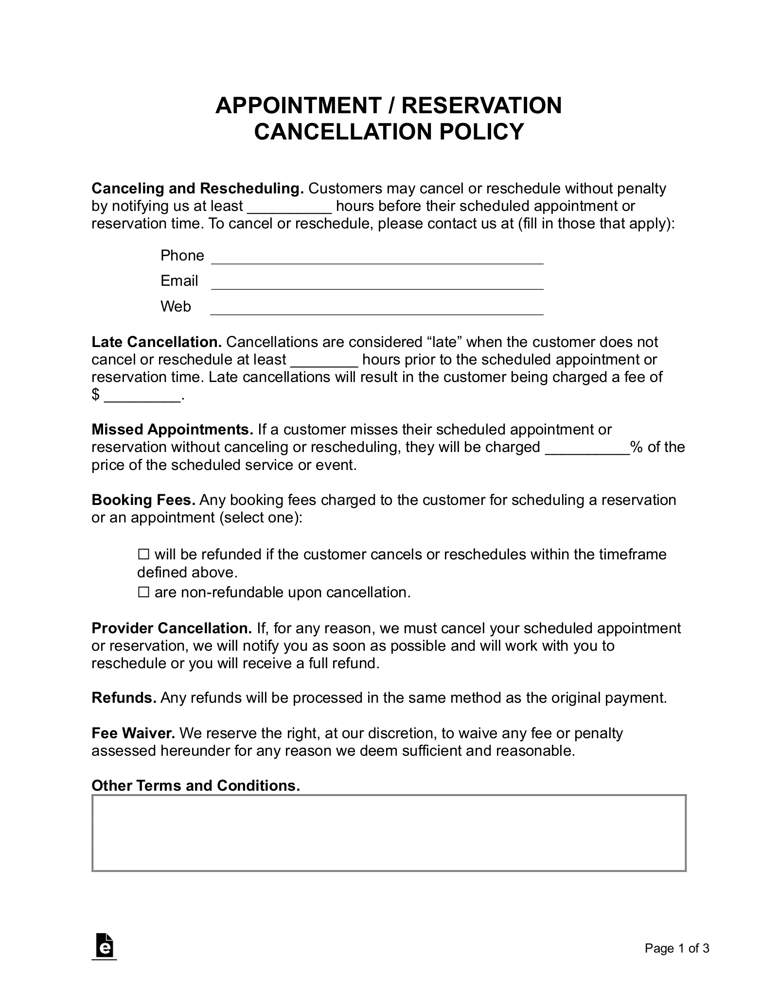 Free cancellation policy template