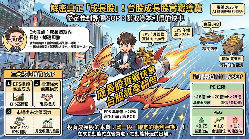 成長股是什麼？跟存股、價值股差在哪？PE、PEG選股指標與實戰案例全攻略
