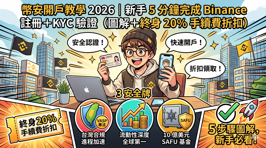 幣安開戶教學 2026｜新手 5 分鐘完成 Binance 註冊＋KYC 驗證（圖解＋終身 20% 手續費折扣）