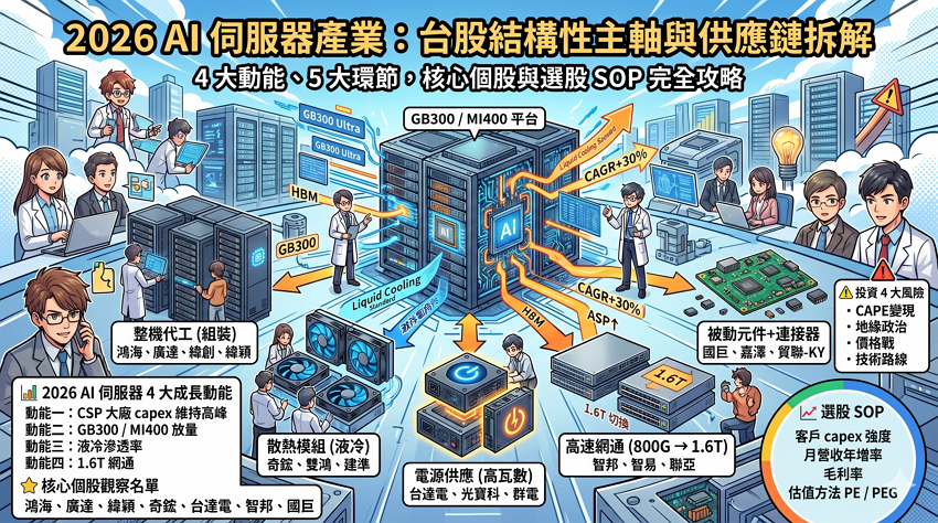 【2026 AI 伺服器完整指南】鴻海／廣達／緯創 + 散熱 + 電源：成長股投資全攻略
