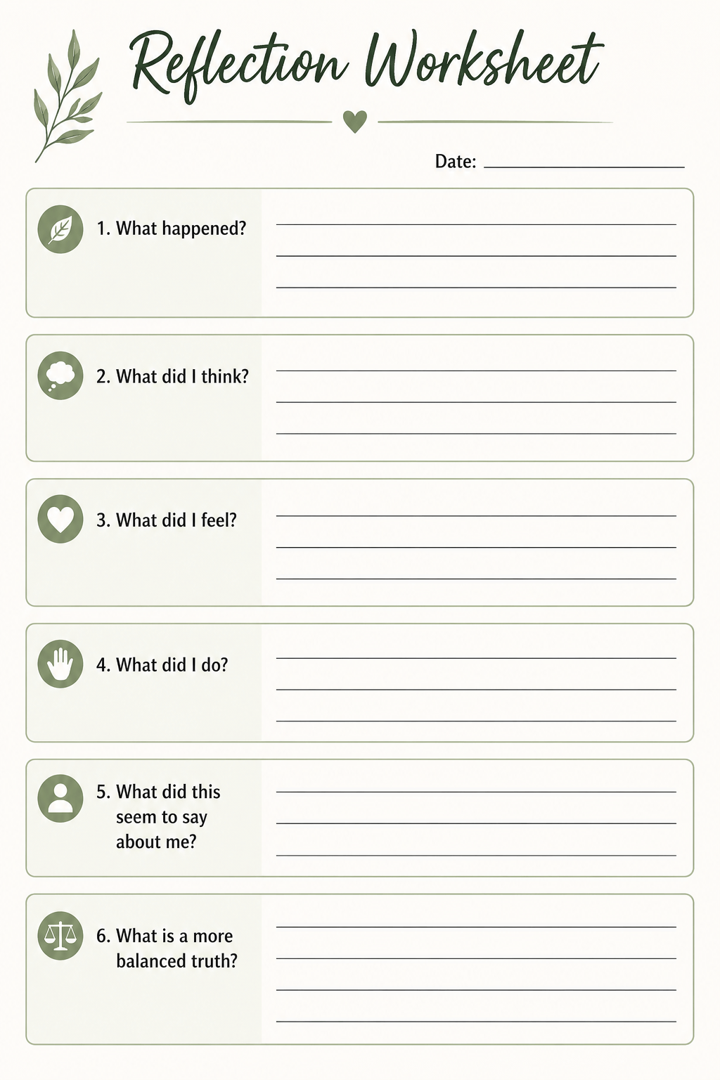 Think Feel Do worksheet for identifying automatic thoughts and negative core beliefs.