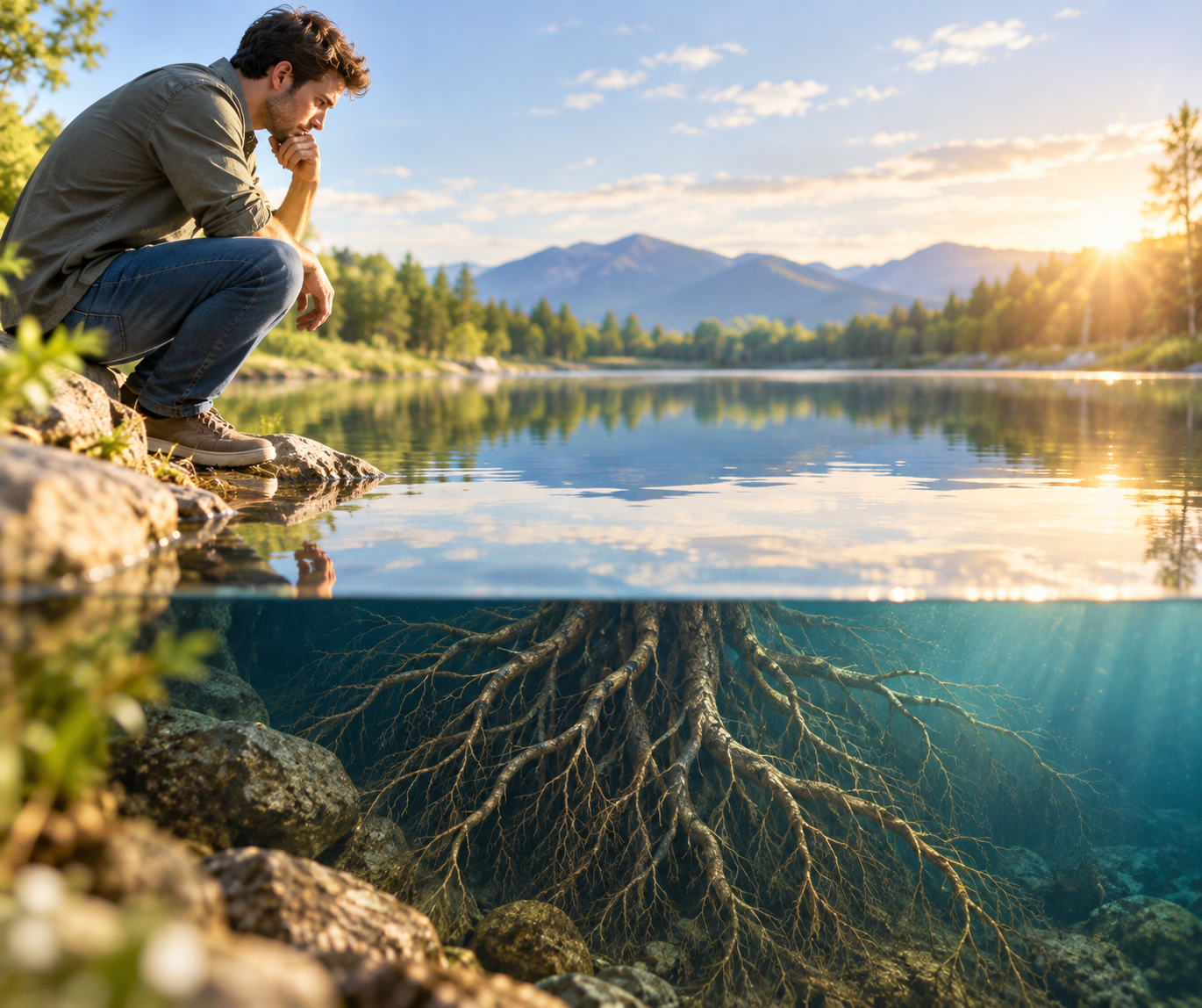 Contemplative Lake with Hidden Roots

