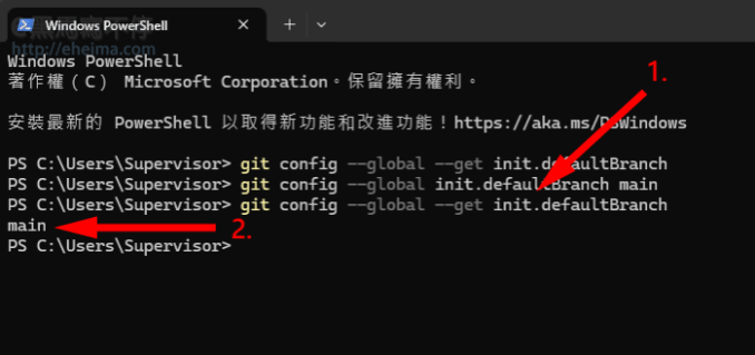 用PowerShell確認Git預設分支成功設定為main