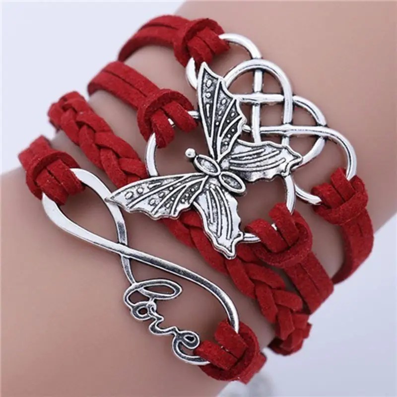 4 in 1 Lederen Armband met verzilverde vlinder