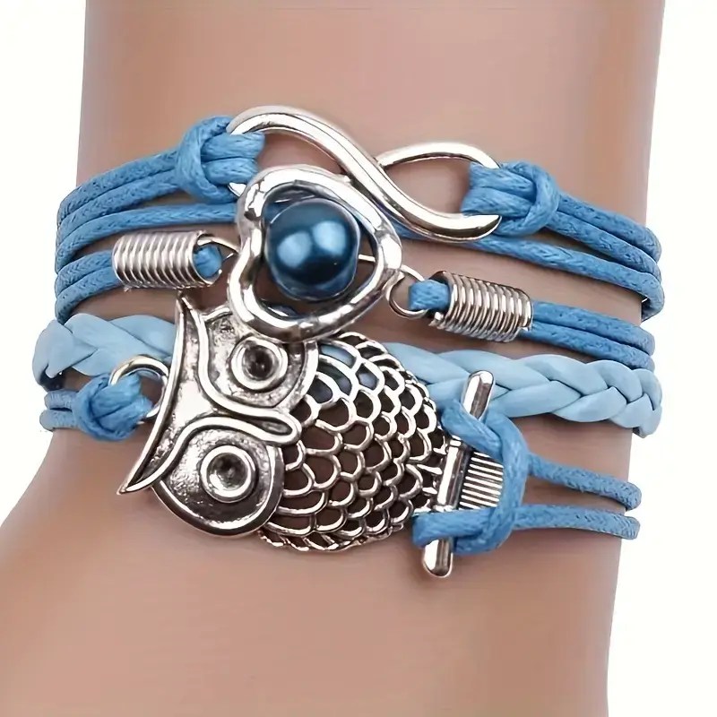 4 in 1 Lederen Armband met verzilverde uil