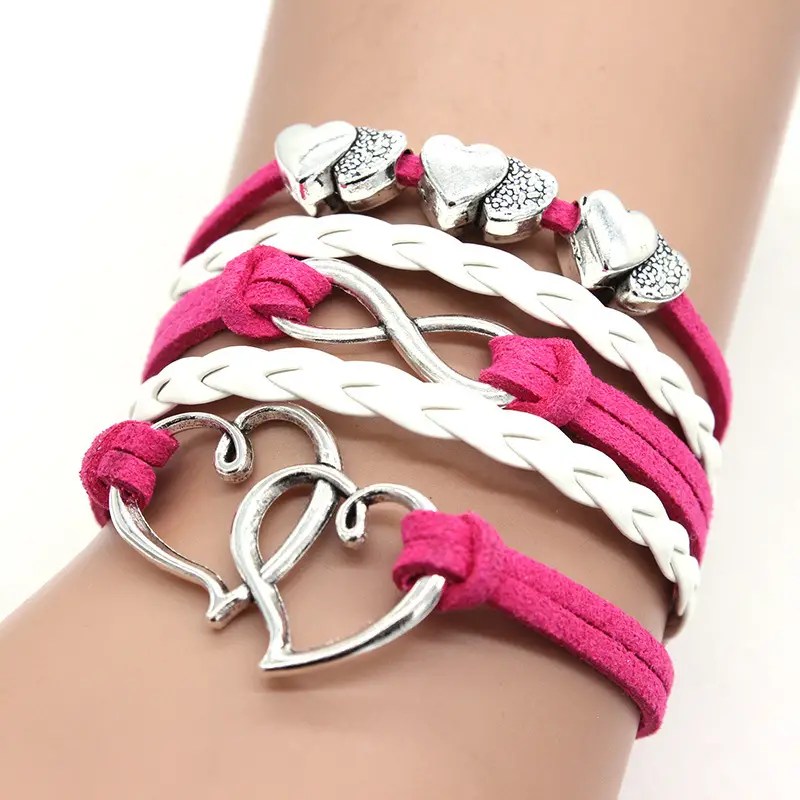 5 in 1 Lederen Armband met verzilverde hartjes