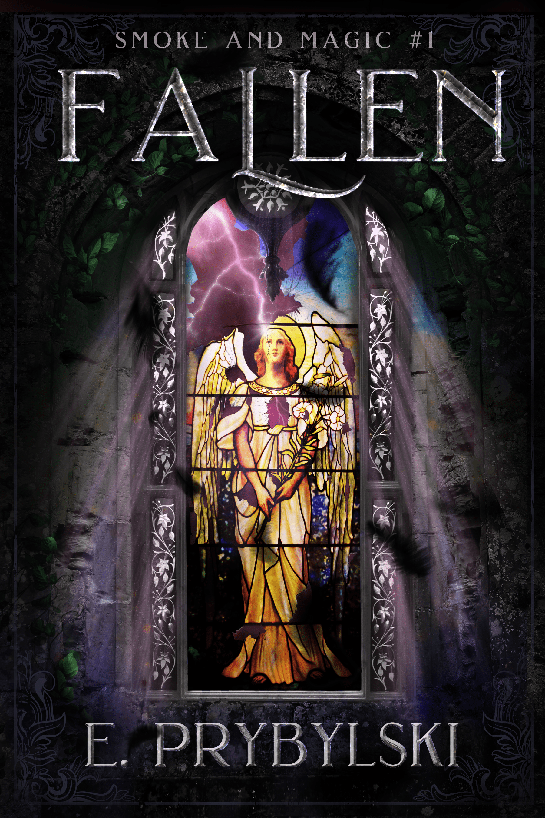 Cover of the book "Fallen" by E. Prybylski. Features a broken stained glass window of an angel.