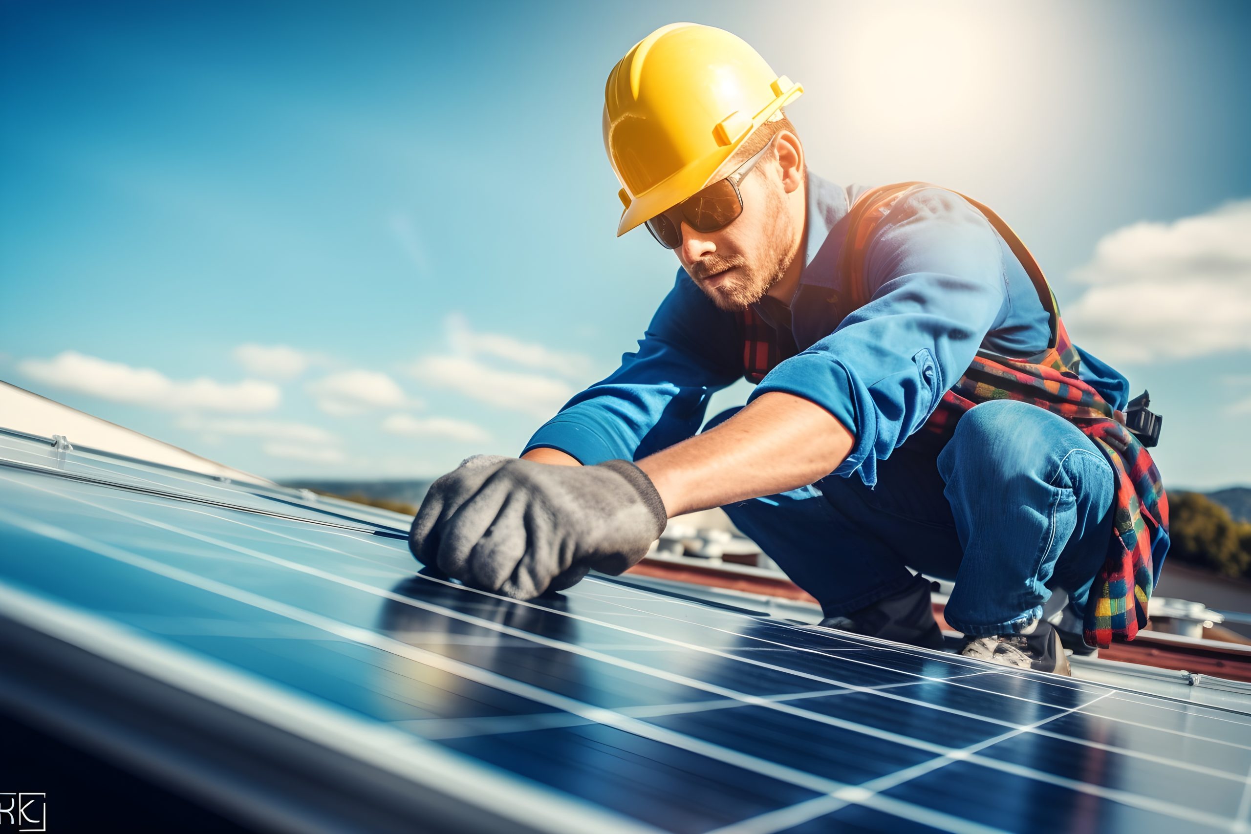 Solar power engineer installing solar panels