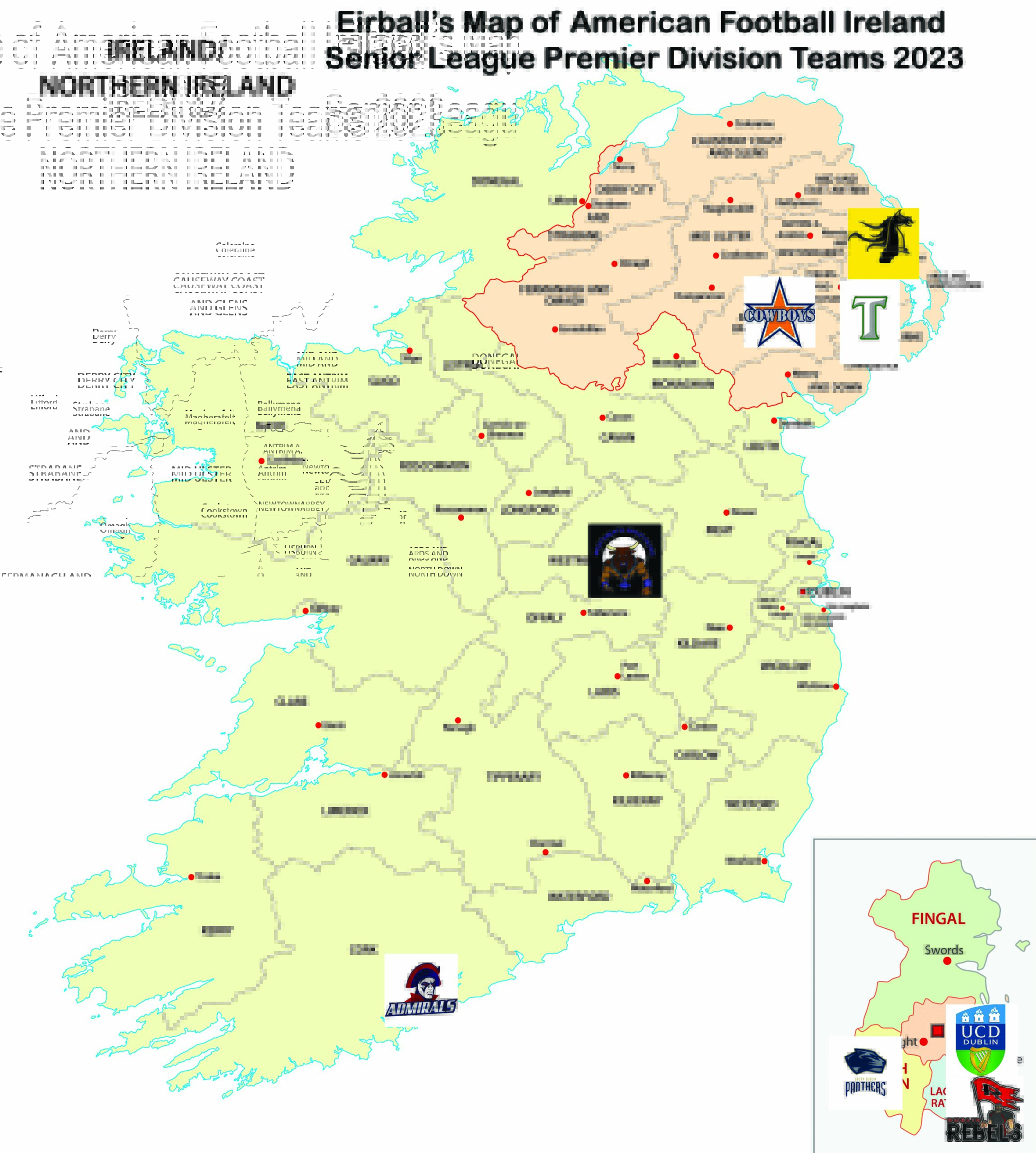 Map of American Football Ireland Senior League Premier Division Teams 2023