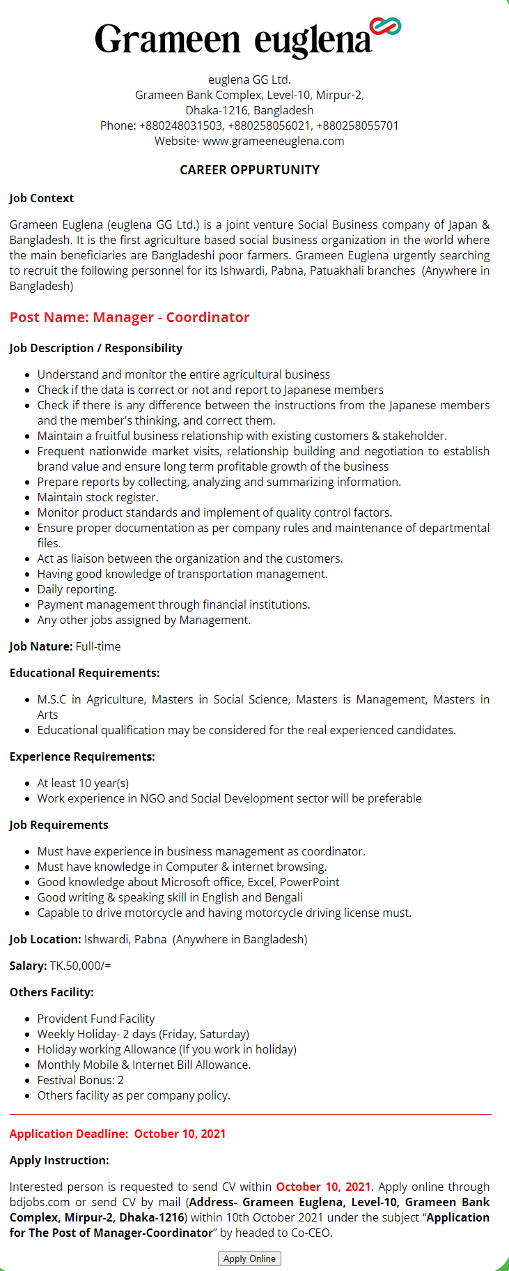 Grameen Euglena Job Circular Grameen Euglena Job Circular