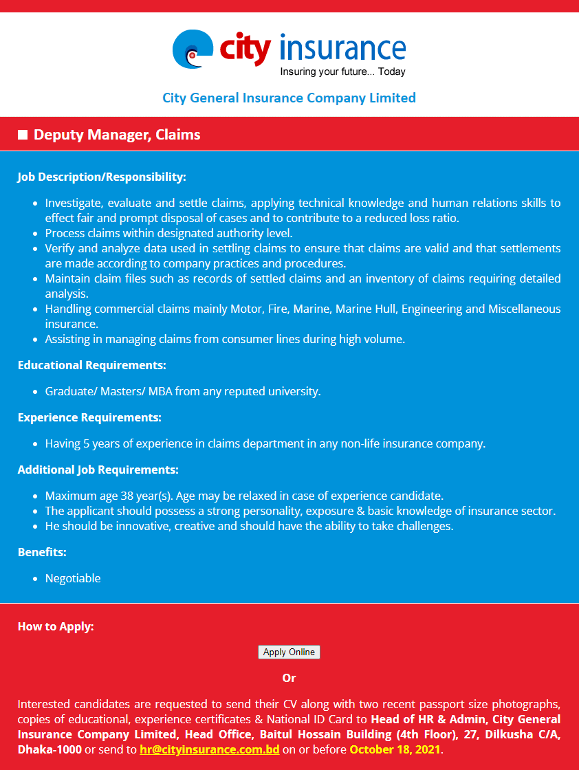 City General Insurance Company Limited Job circular 2021