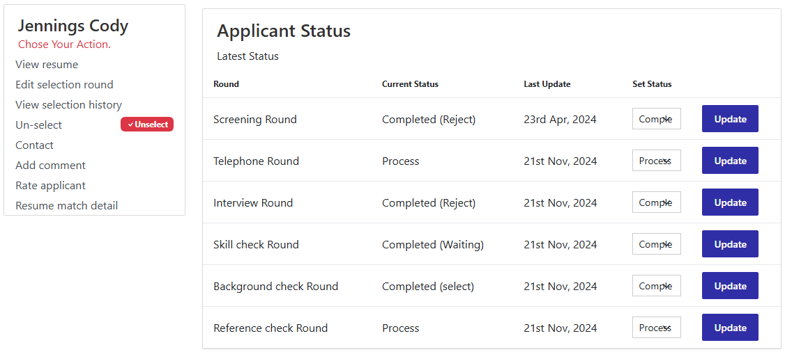 Edit applicant selection round and current status