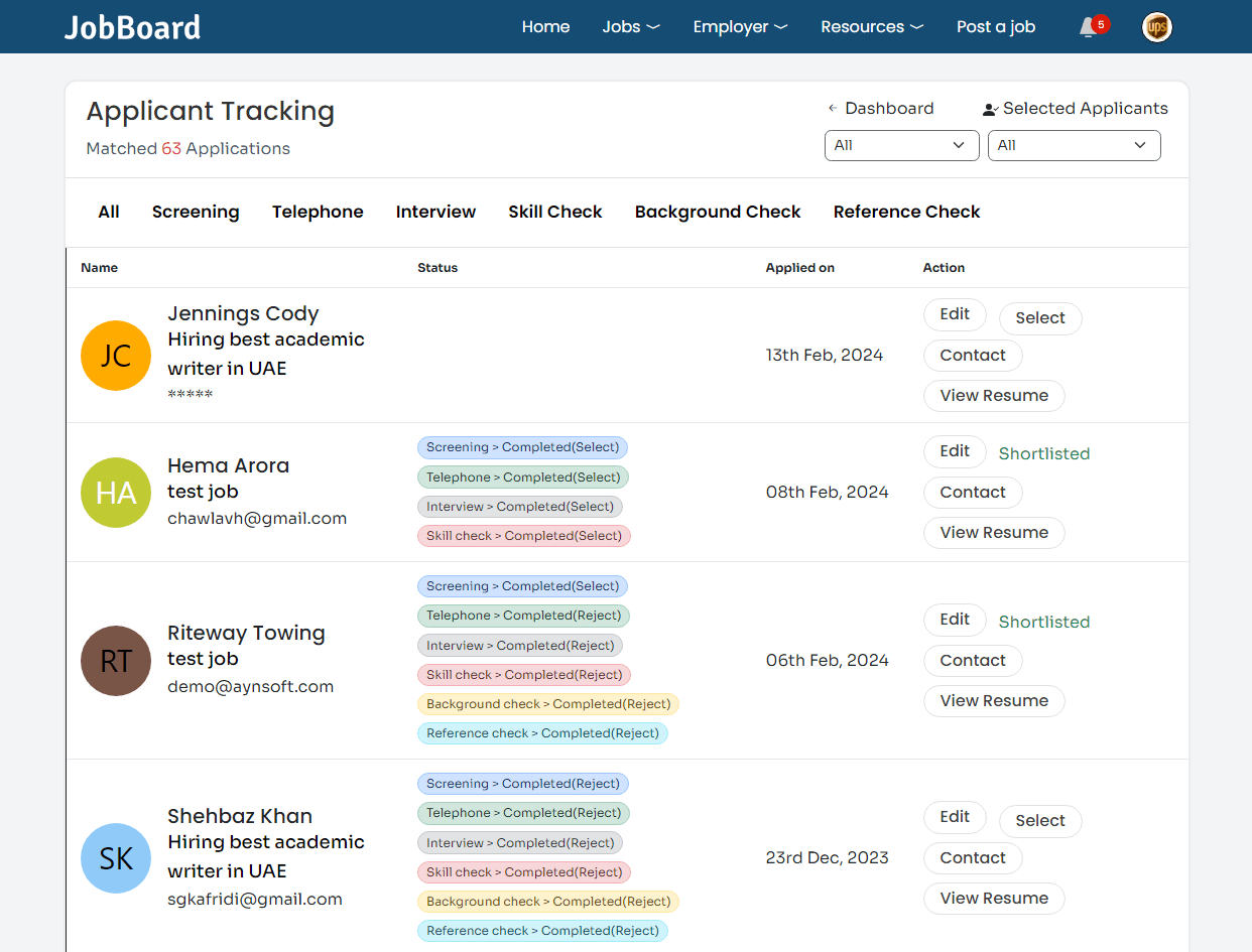 Applicant tracking and collaboration screen with candidate stages and ratings