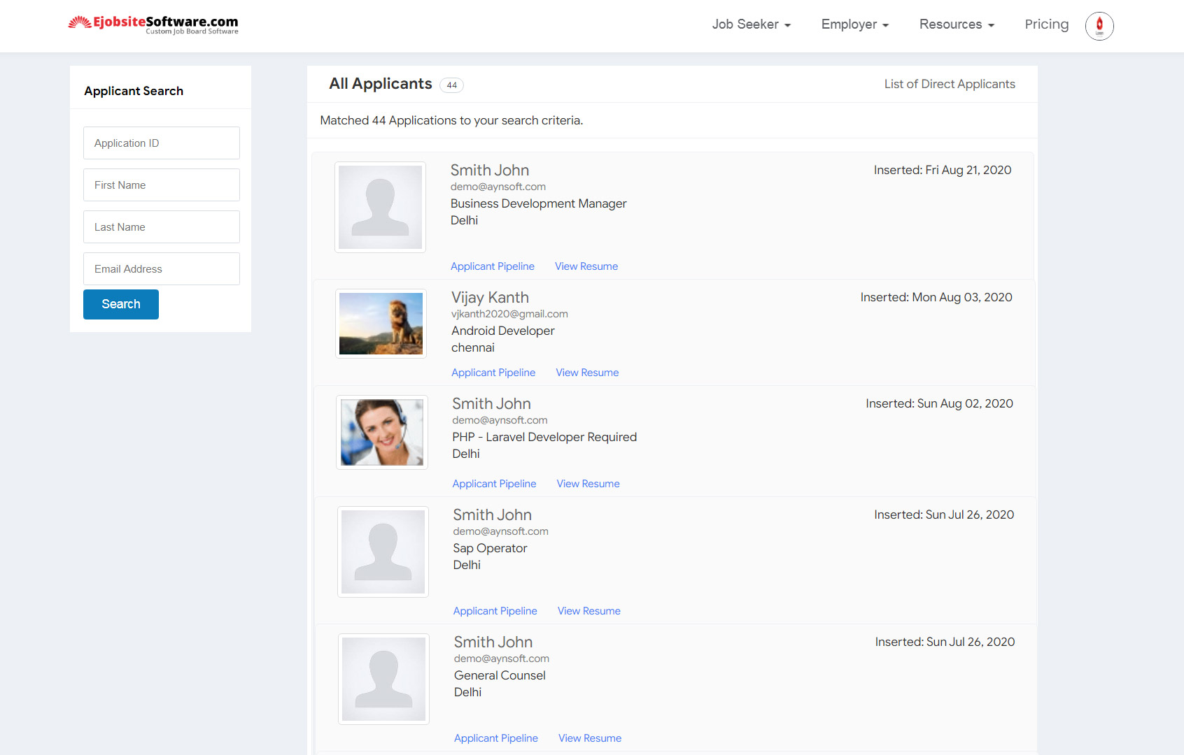 Online applicant tracking software - all applicants view