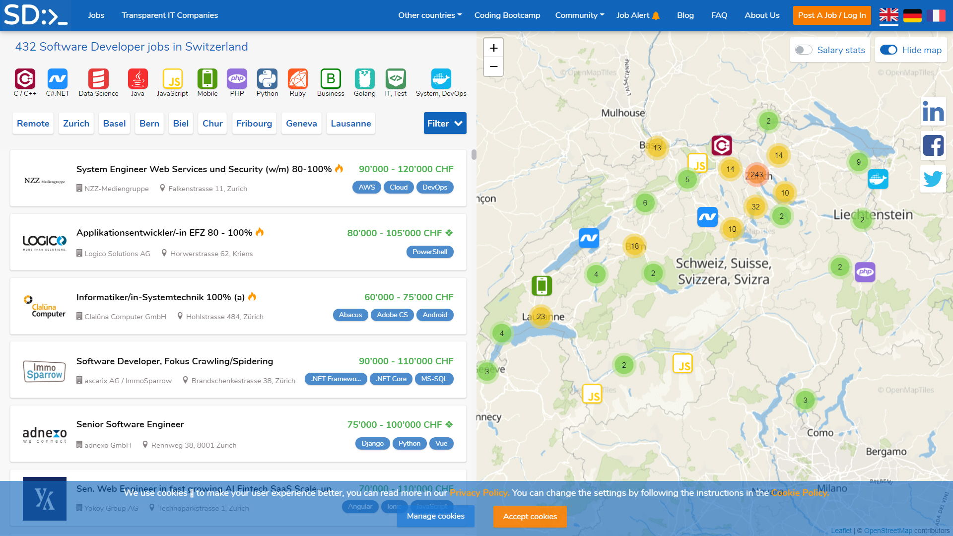 swissdevjobs.ch job board screenshot