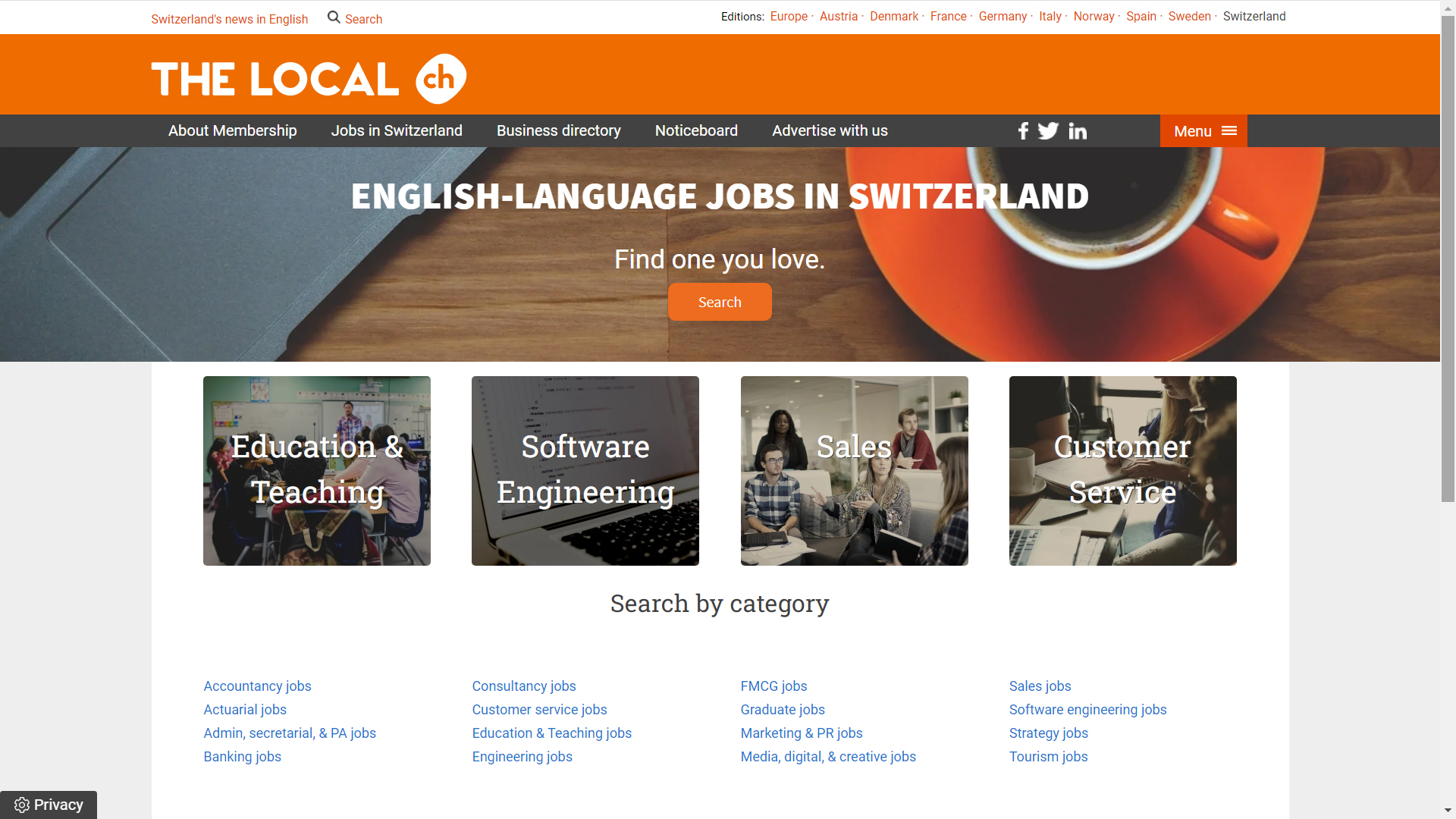 thelocal.ch job board screenshot