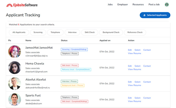 Applicant tracking system dashboard showing candidate pipeline stages and applicant status