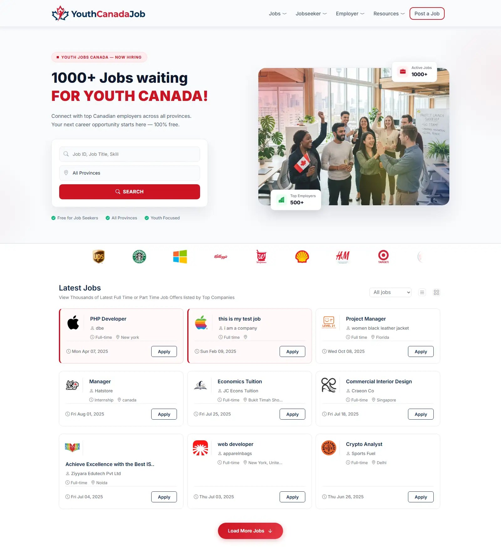 eJobsite job board software homepage theme showing job search, categories, and featured employers