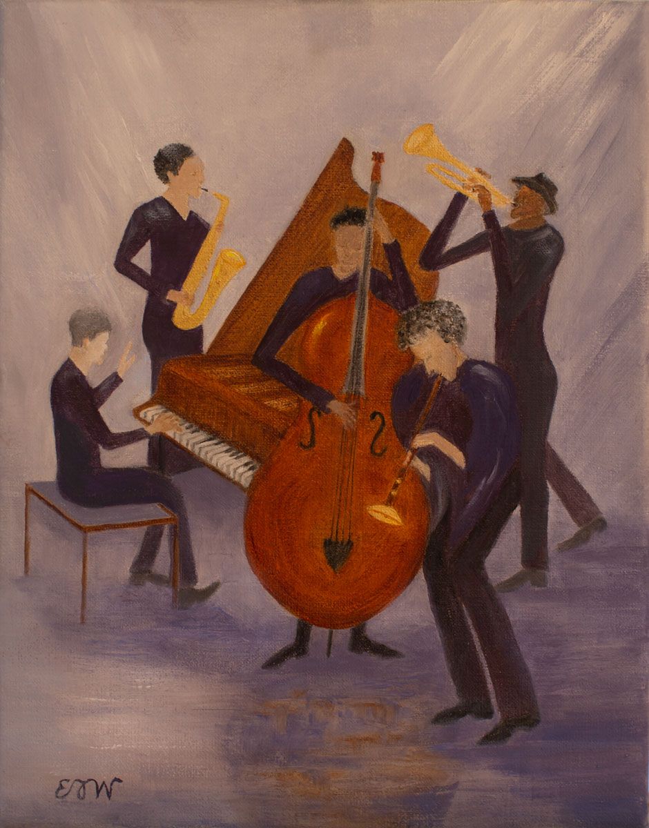Painting of a jazz quintet playing in a jazz club in NYC