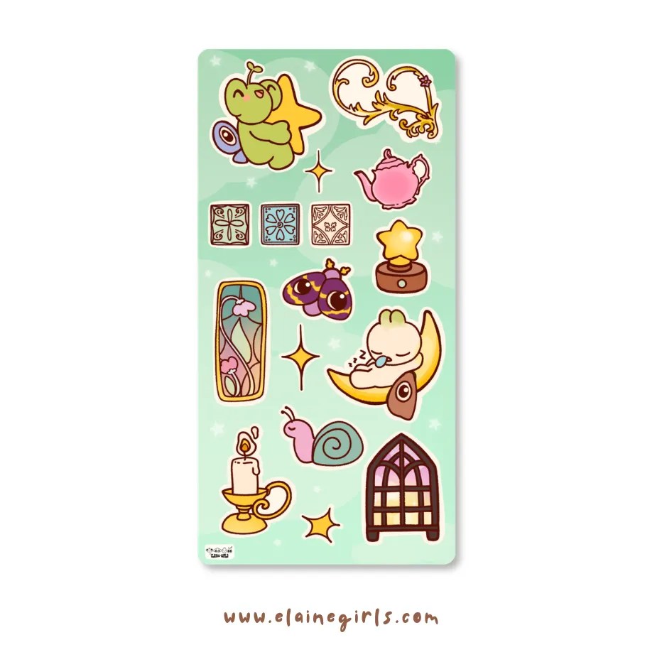 Whimsical Twilight Deco sticker sheet featuring a moth-winged frog character, pink teapot, star lamp bun sleeping on a moon, snail, candle, and stained glass window stickers