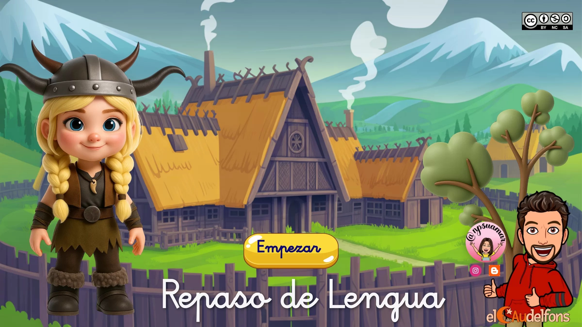 Personaje de dibujos animados en paisaje.