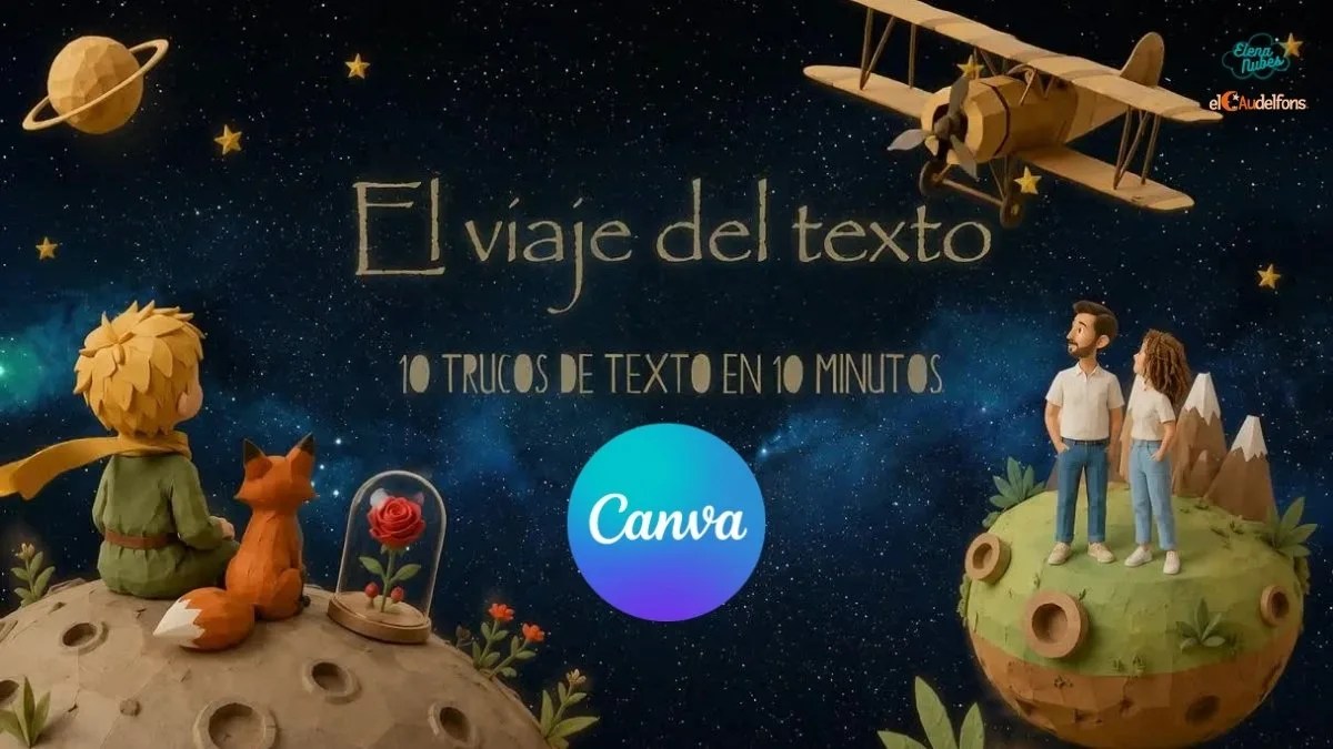 Portada de El viaje del texto: 10 trucos de texto en 10 minutos con Canva, ambientada en El Principito