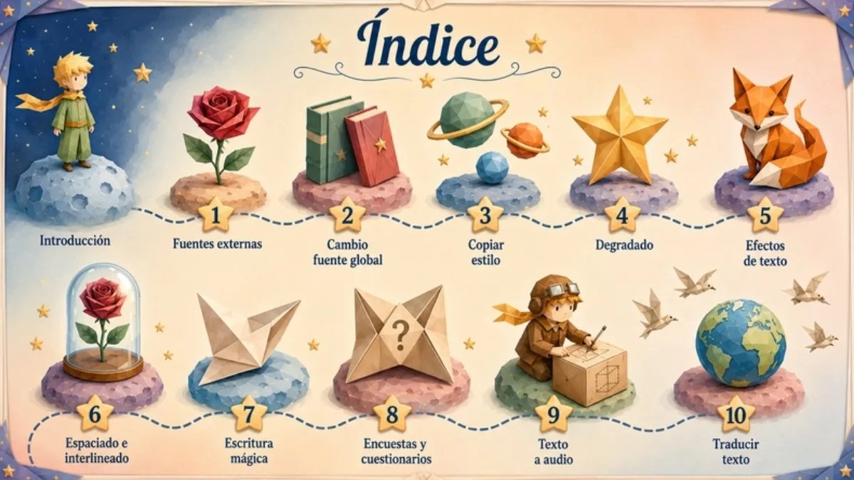 Índice ilustrado con los 10 trucos de texto en Canva: fuentes externas, cambio de fuente global, copiar estilo, degradado, efectos, espaciado, escritura mágica, cuestionarios, texto a audio y traducir