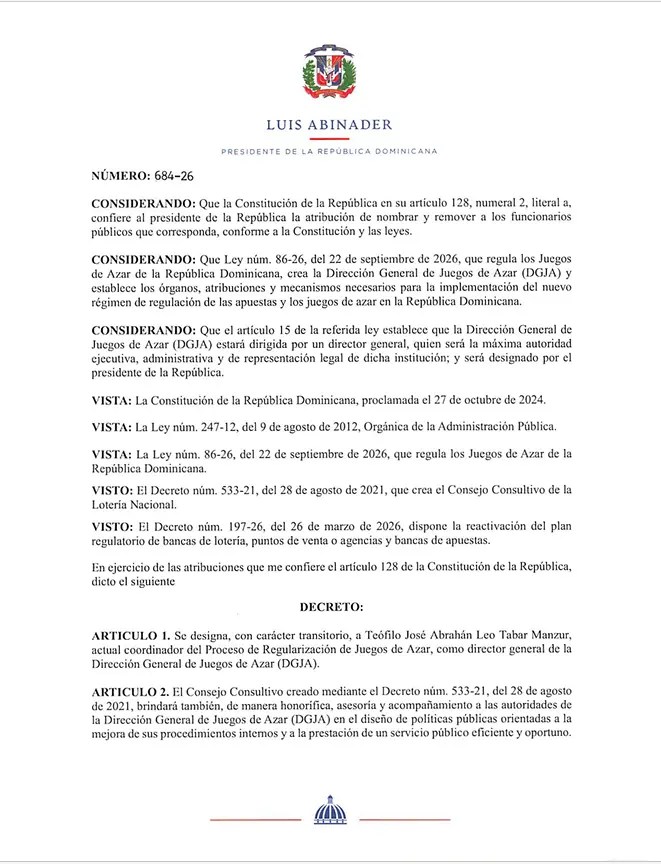 Abinader designa a Teófilo Tabar Manzur como director general de Juegos de Azar