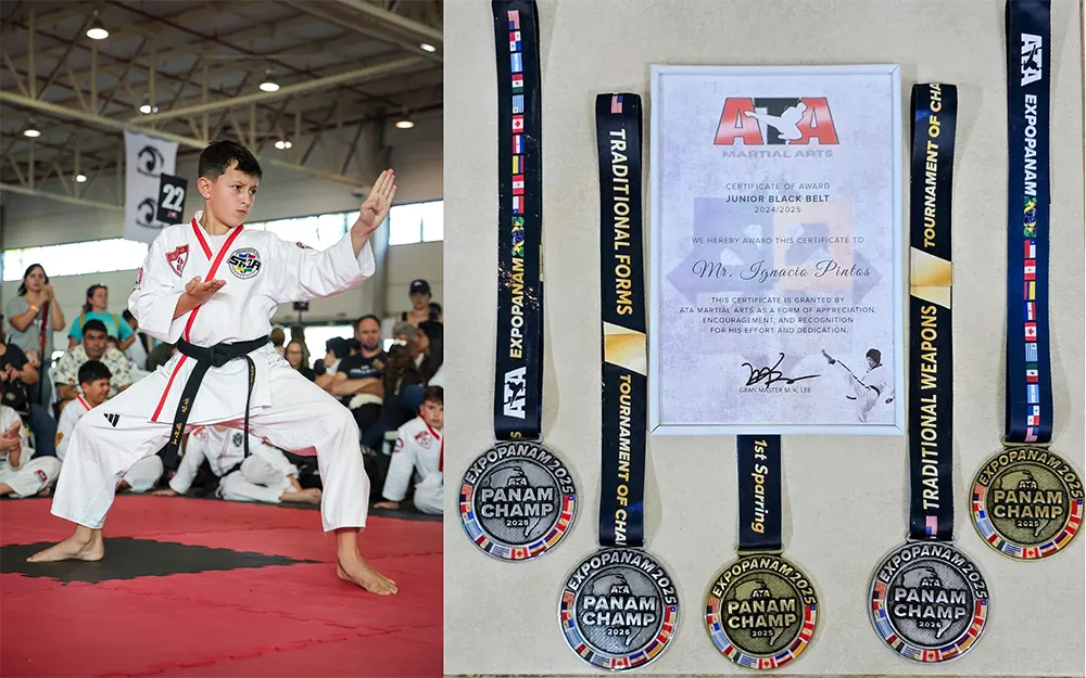 Ignacio Pintos en accion, con el diploma de mejor cintro negro argentino del año de taekwondo.