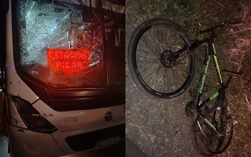 Colectivo con el parabrisas abollado y bicicleta del ciclista quedo en el piso después del choque.