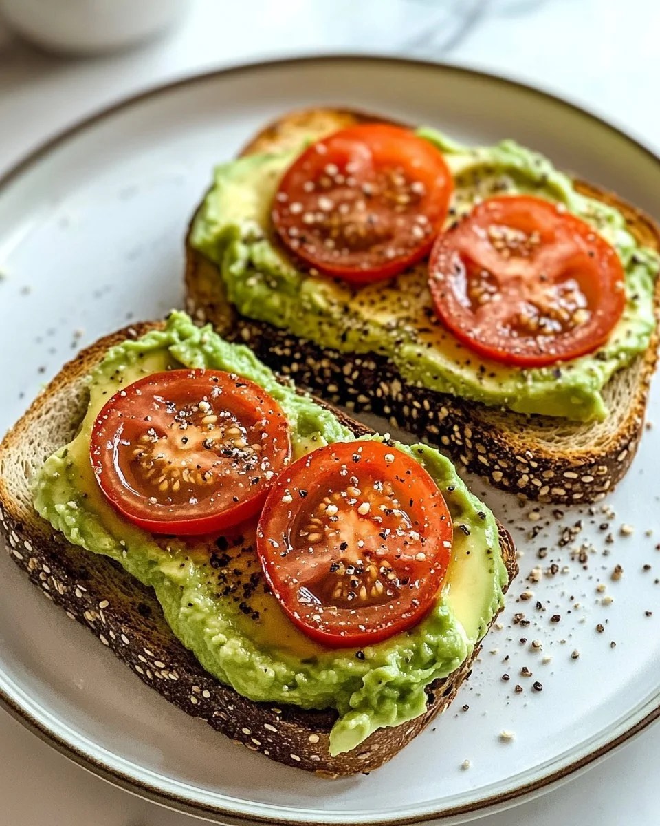 Delicious avocado and tomato toast with fresh toppings, ideal healthy snack or breakfast.
