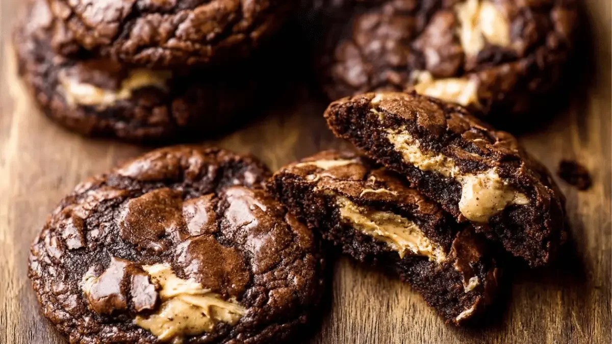 Fudgy brownie cookies with a gooey peanut butter filling, stacked on a plate and ready to serve