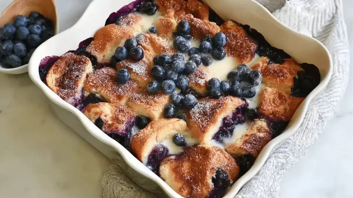 Baked blueberry French toast casserole with fresh blueberries and maple syrup.