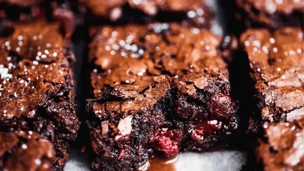 Freshly baked chocolate rhubarb brownies on a serving platter.