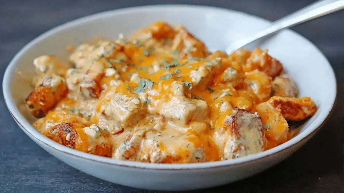 Spicy keto buffalo chicken skillet with melted cheese and green onions