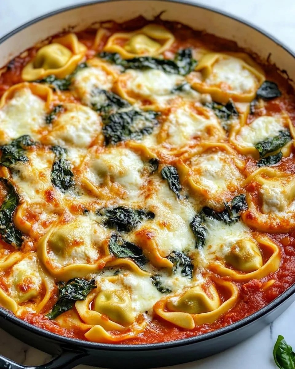 Cheesy one-pot spinach and ricotta tortellini bake in a serving dish.
