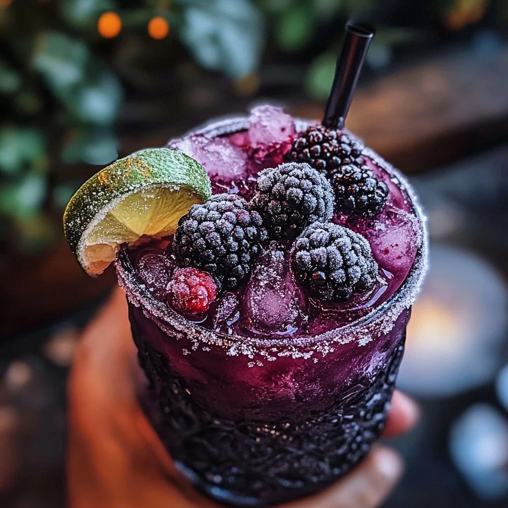 Refreshing frosted blackberry bourbon mule in copper mug, garnished with lime and berries.