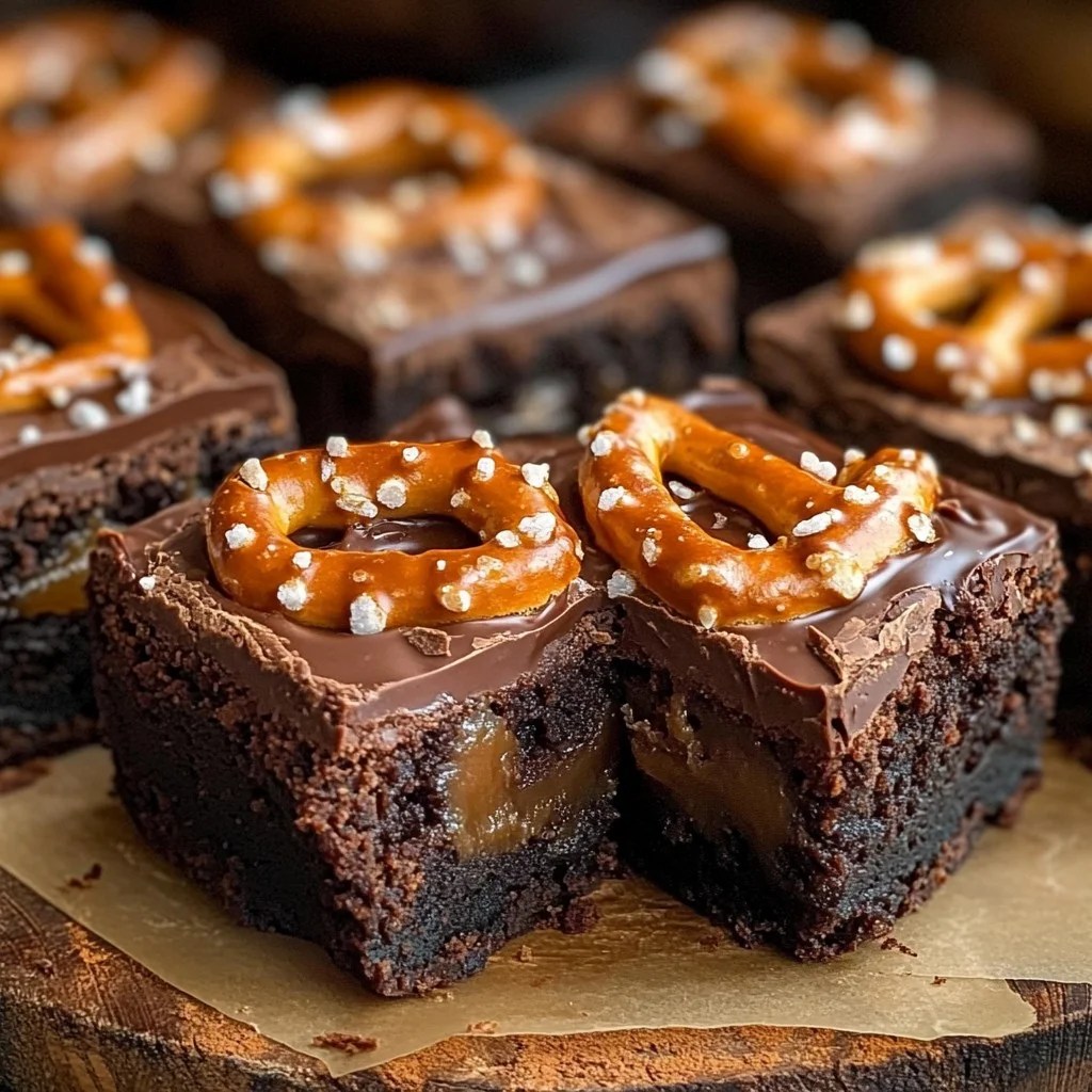 Rich dark chocolate brownies with gooey caramel and crunchy pretzel topping.