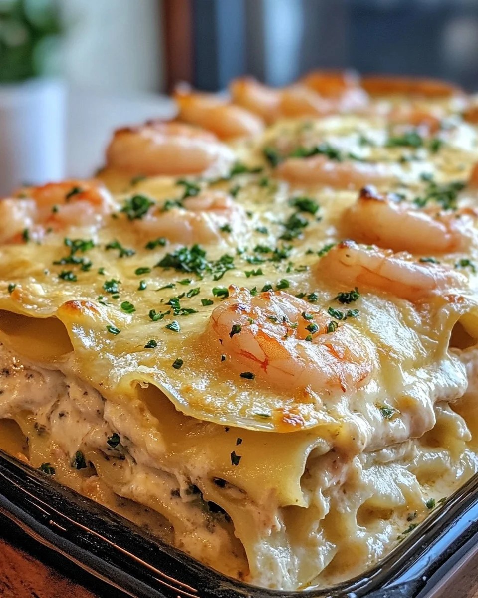 Garlic butter shrimp scampi lasagna bake with a rich, golden topping.