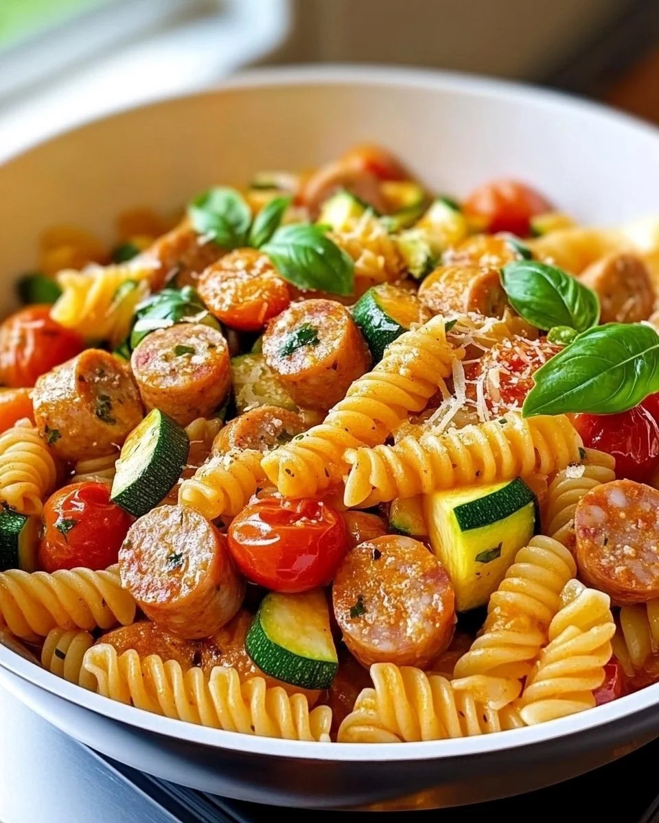 One-pan chicken sausages, roasted zucchini, tomatoes, and pasta in a skillet.