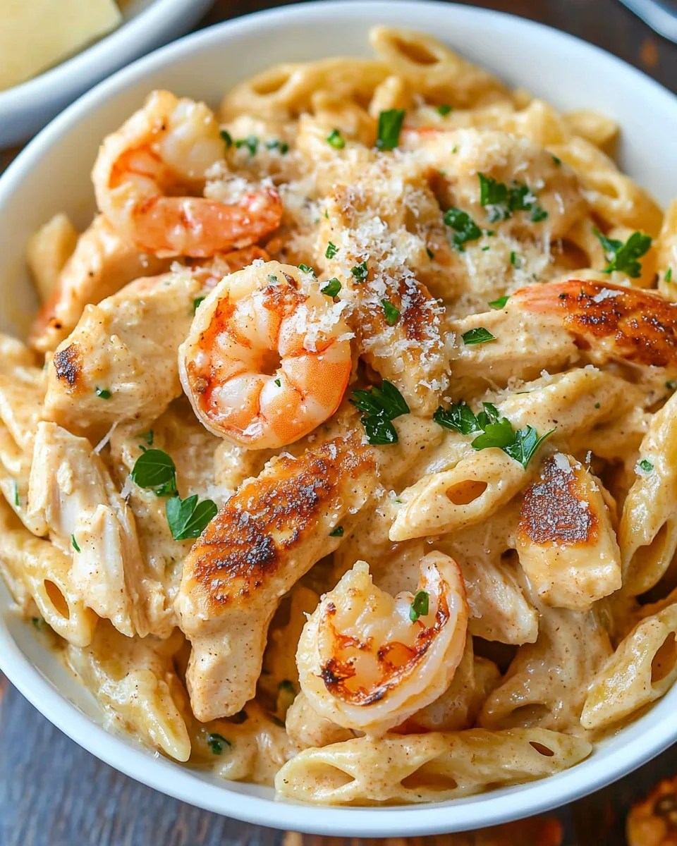 Creamy garlic shrimp and chicken pasta with fresh herbs