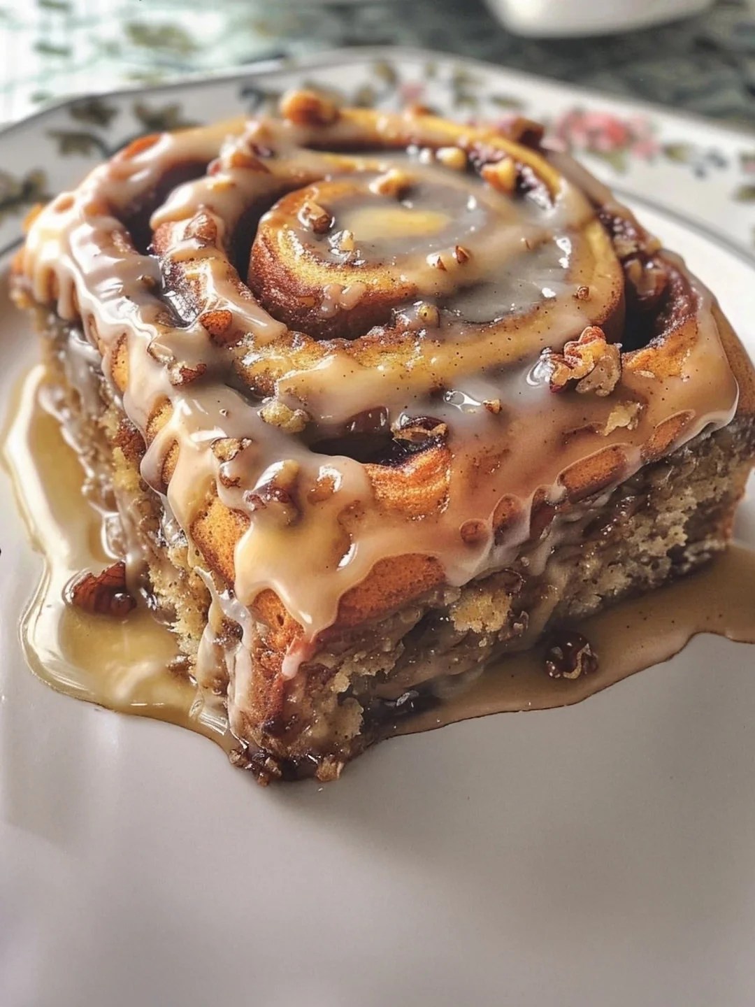 Warm banana bread cinnamon rolls generously topped with cream cheese frosting.