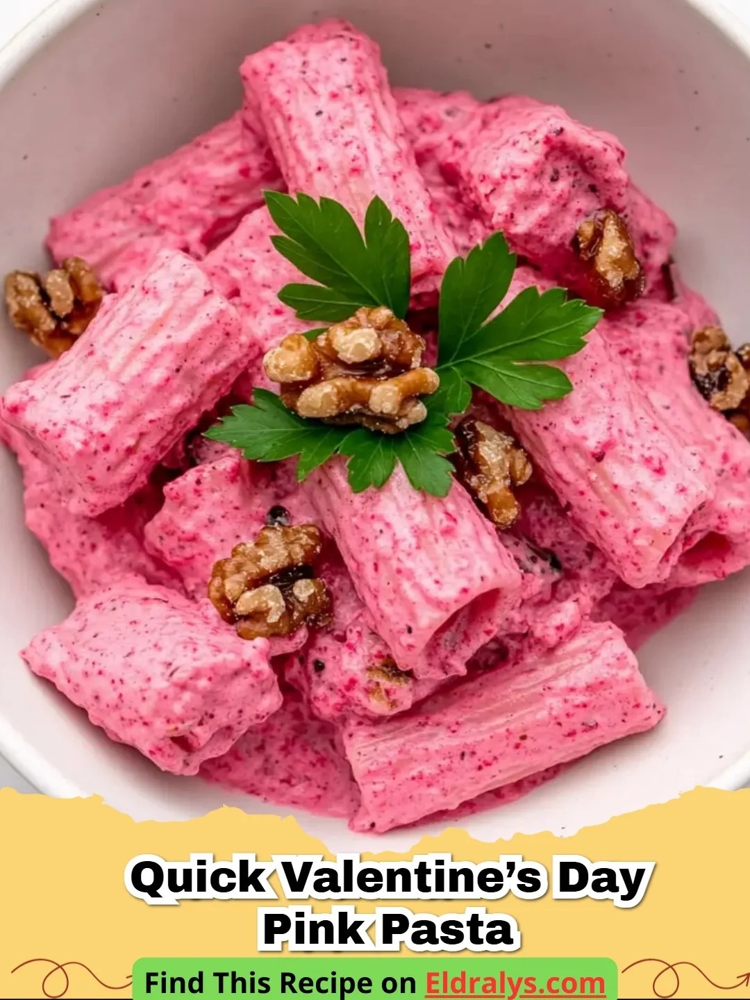 Quick Valentine’s Day pink pasta served in a bowl, creamy rose sauce with parmesan and fresh herbs.