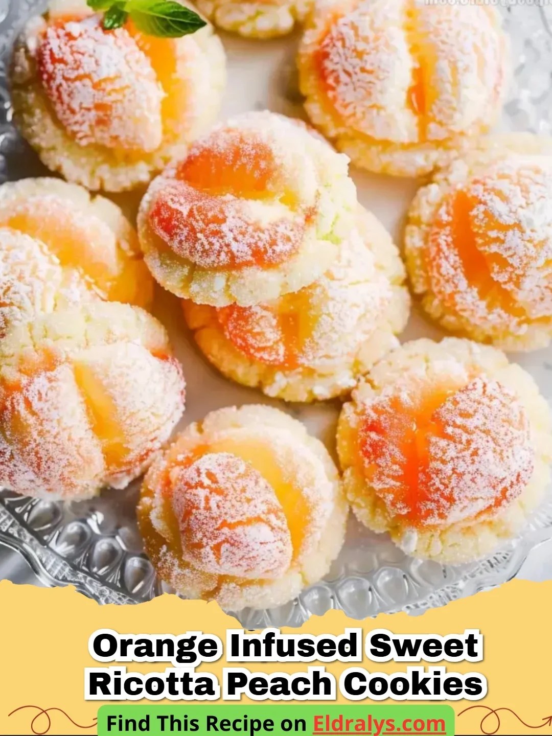 A plate of soft Orange Infused Sweet Ricotta Peach Cookies with a light glaze and orange zest.