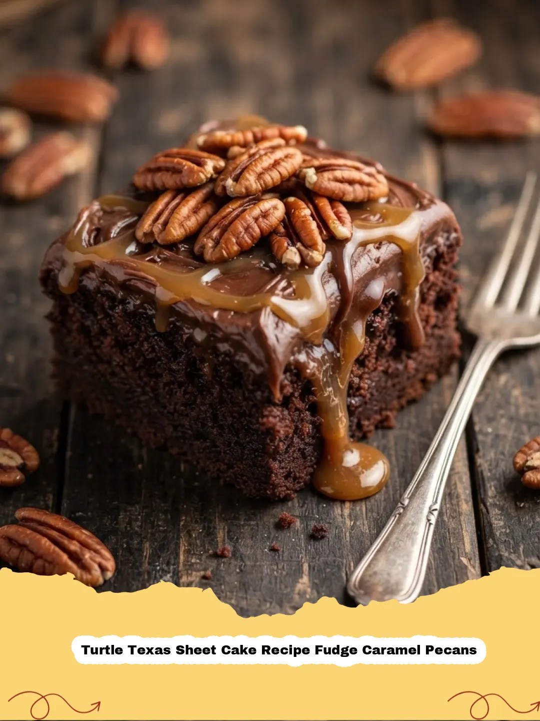 Turtle Texas Sheet Cake Recipe Fudge Caramel Pecans - Slice of Turtle Texas Sheet Cake with fudge, caramel, and pecans on a white plate.